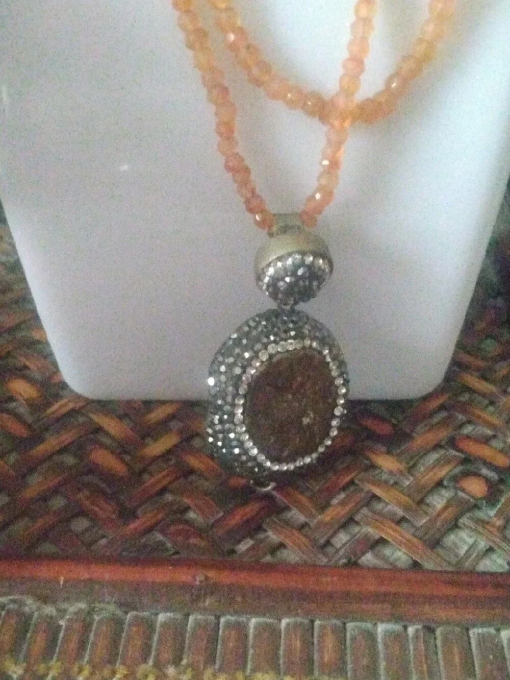 Orange Beaded Pendant Necklace with Decorative Silver-Tone Accent